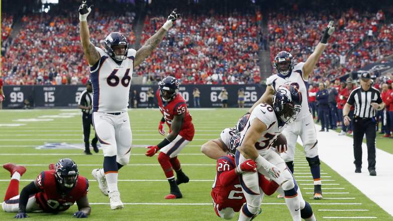 Broncos OL Dalton Risner celebrates touchdown against the Texans.