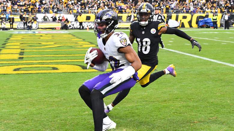 Ravens Safety Marcus Williams intercepts the ball against the Steelers.