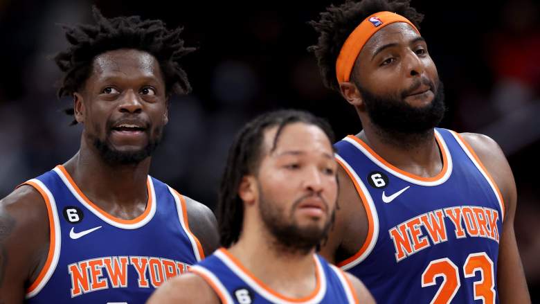 Knicks star Julius Randle (left) with fellow starters Jalen Brunson and Mitchell Robinson (right)