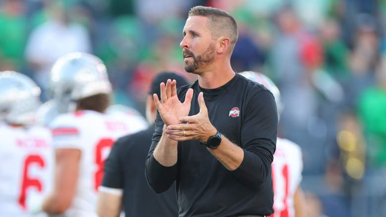 OUTH BEND, INDIANA - SEPTEMBER 23: Offensive coordinator and wide receivers coach Brian Hartline of the Ohio State Buckeyes looks on prior to the game against the Notre Dame Fighting Irish at Notre Dame Stadium on September 23, 2023 in South Bend, Indiana. (Photo by Michael Reaves/Getty Images)