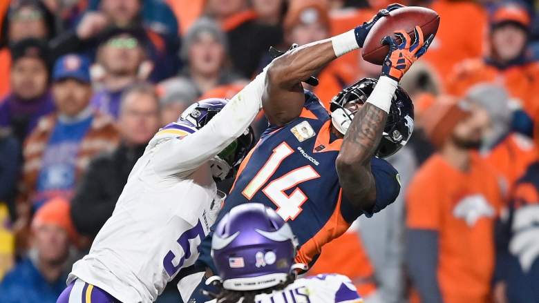 Broncos WR Courtland Sutton makes touchdown catch over Vikings CB.
