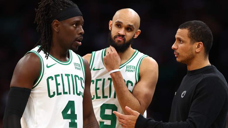 Celtics star Jrue Holiday (left) is eligible for a contract extension.
