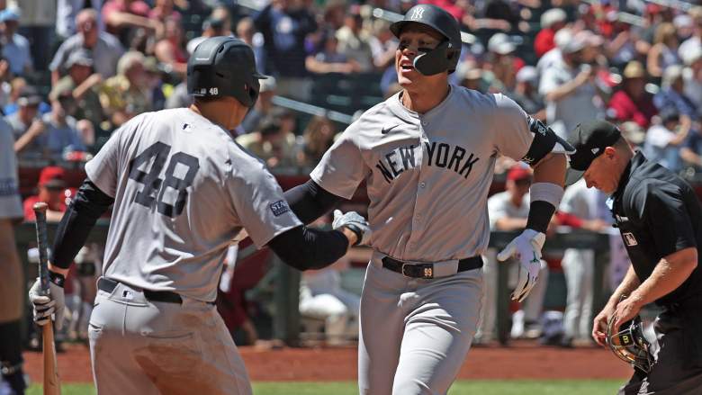 Yankees OF Aaron Judge celebrates first homerun of the season against Diamondbacks.