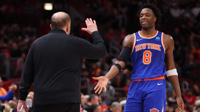 Knicks' OG Anunoby celebrates with Tom Thibodeau