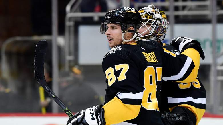 Sidney Crosby and Tristan Jarry of the Pittsburgh Penguins