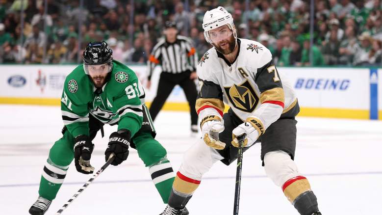 Alex Pietrangelo of the Vegas Golden Knights is defended by Tyler Seguin of the Dallas Stars