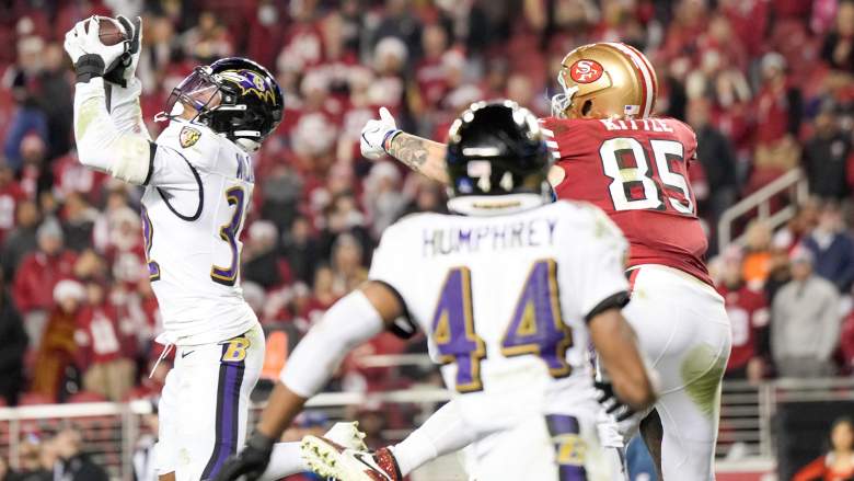 Ravens safety Marcus Williams intercepts pass against the 49ers.