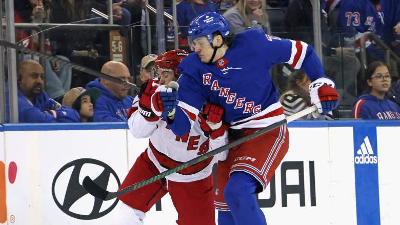 Tony DeAngelo of the Carolina Hurricanes banged a Rangers rookie with an elbow to the head.