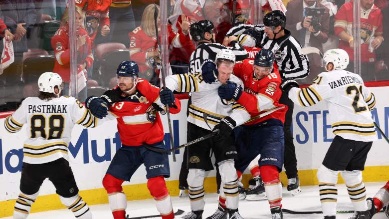 Boston Bruins players fight with Florida Panthers in a very eventful Game 2.
