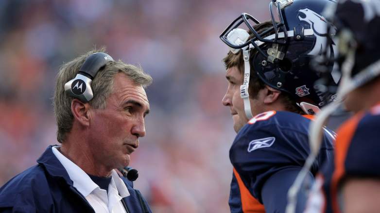 DENVER - NOVEMBER 02: Head coach Mike Shanahan speaks with quarterback Jay Cutler of the Denver Broncos after he threw an interceptionf to cornerback Will Allen of the Miami Dolphins for a 32 yard first quarter touchdown during NFL action at Invesco Field at Mile High on November 2, 2008 in Denver, Colorado. (Photo by Doug Pensinger/Getty Images)