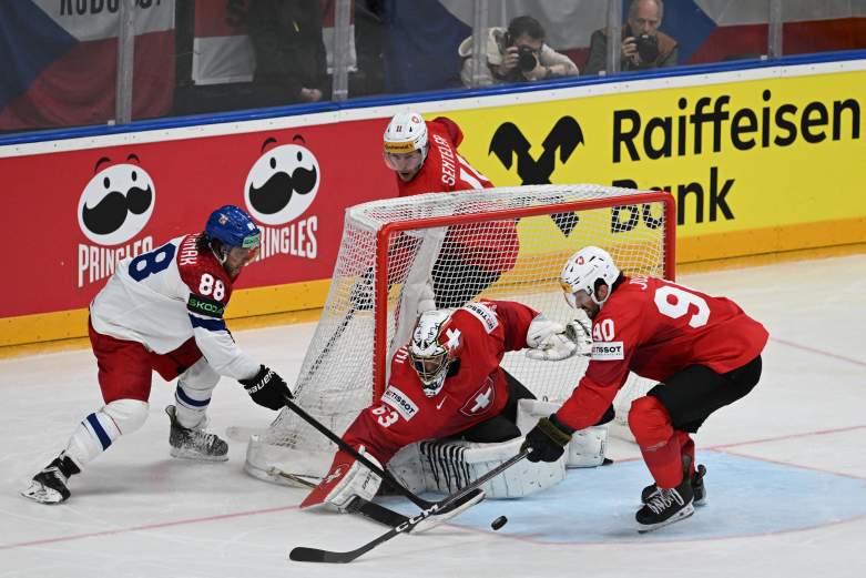 David Pastrnak attempts to score on Team Switzerland