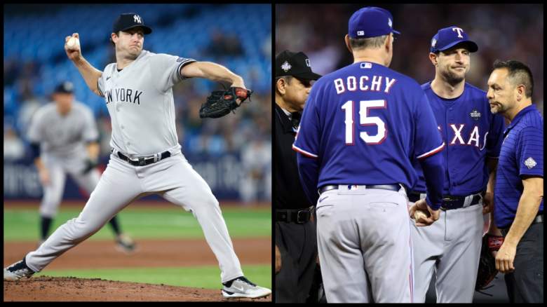 New York Yankees' Gerrit Cole (left) and Texas Rangers' Max Scherzer at the 2023 World Series (right)