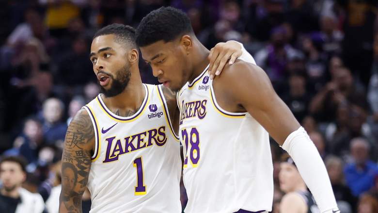 Lakers D'Angelo Russell (left) and Rui Hachimura could be on the trade block.