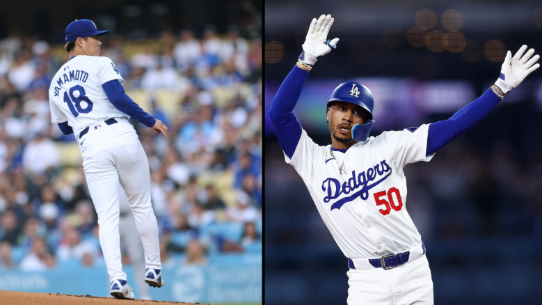 Los Angeles Dodgers' Pitcher Yoshinobu Yamamoto (left) and Shortstop Mookie Betts (right)