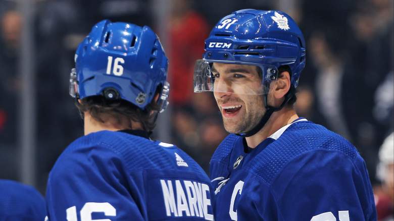 Toronto Maple Leafs forwards Mitch Marner and John Tavares.