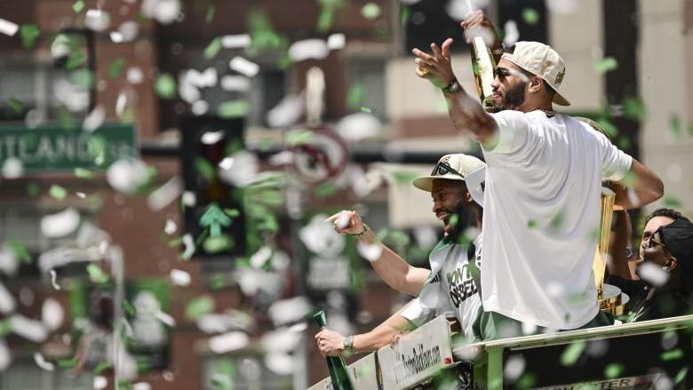 Celtics stars Jayson Tatum and Jaylen Brown celebrate their champinoship