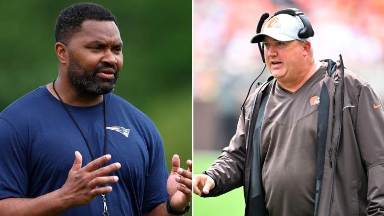 Patriots coach Jerod Mayo (left) and OC Alex Van Pelt