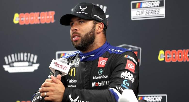 Bubba Wallace talks to media.