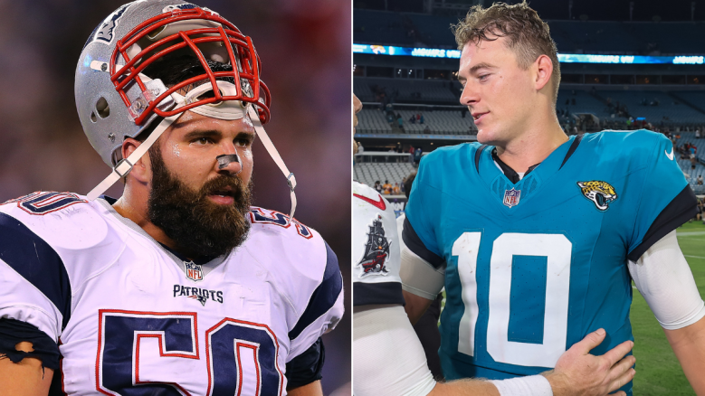 Patriots former LB and DE Rob Ninkovich (left) and QB Mac Jones