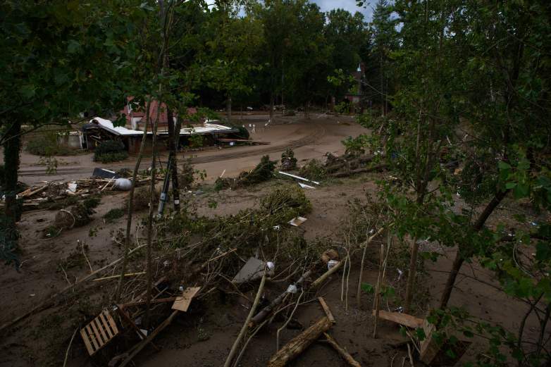 The entrance to the Biltmore Estate is seen surrounded by debris in the aftermath of Hurricane Helene on October 1, 2024 in Asheville, North Carolina