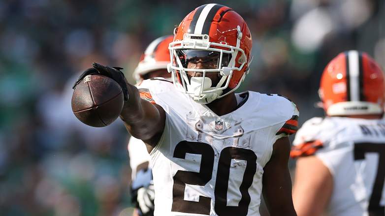 Pierre Strong Jr. of the Cleveland Browns celebrates a first down against the Philadelphia Eagles.