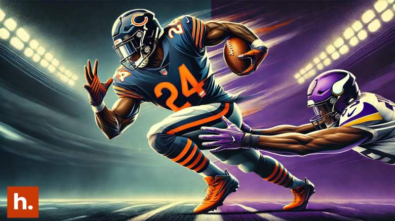 Chicago Bears running back Khalil Herbert running away from the Minnesota Vikings.