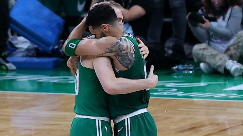 Jayson Tatum hugs Sam Hauser