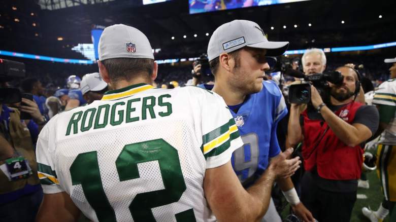 Former Detroit Lions and current Los Angeles Rams quarterback Matthew Stafford and Aaron Rodgers