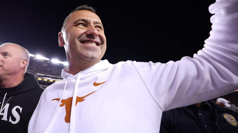 Head Coach Steve Sarkisian of the Texas Longhorns celebrates after defeating the Texas A&M Aggies.