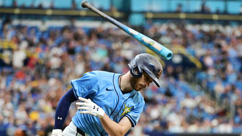 Brandon Lowe flips his bat.