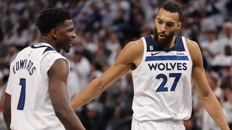 MINNEAPOLIS, MINNESOTA - APRIL 23: Rudy Gobert #27 of the Minnesota Timberwolves celebrates with Anthony Edwards #1 during the fourth quarter against the Denver Nuggets at Target Center on April 23, 2023 in Minneapolis, Minnesota. NOTE TO USER: User expressly acknowledges and agrees that, by downloading and or using this photograph, User is consenting to the terms and conditions of the Getty Images License Agreement. (Photo by Gregory Shamus/Getty Images)