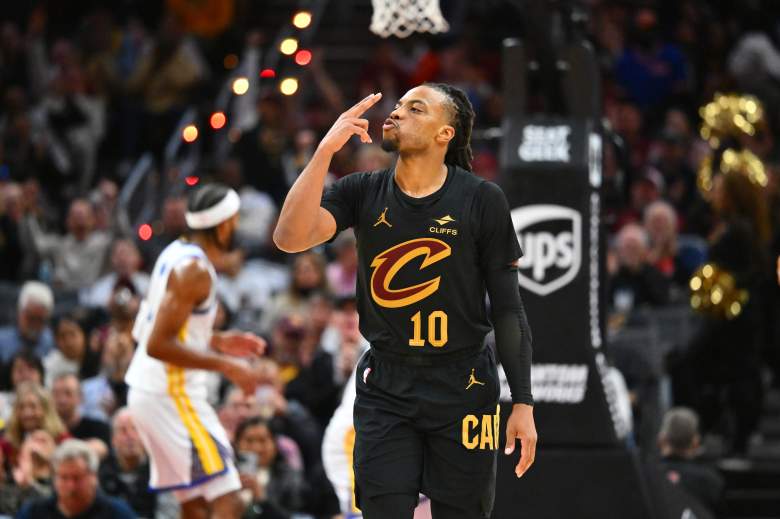 Darius Garland #10 of the Cleveland Cavaliers celebrates after scoring during the fourth quarter against the Golden State Warriors at Rocket Mortgage Fieldhouse on November 08, 2024 in Cleveland, Ohio. The Cavaliers defeated the Warriors 136-117.