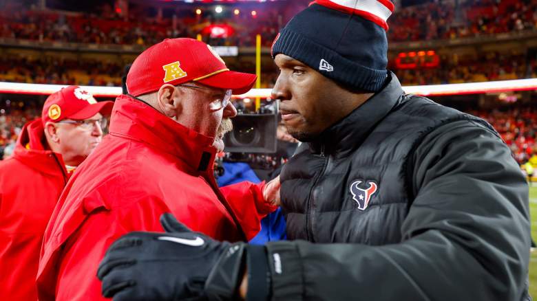 Chiefs' Andy Reid with Texans' DeMeco Ryans.