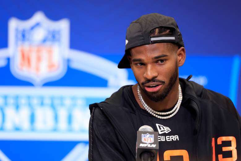 Shedeur Sanders of Colorado speaks to the media during the 2025 NFL Scouting Combine at Lucas Oil Stadium in Indianapolis.