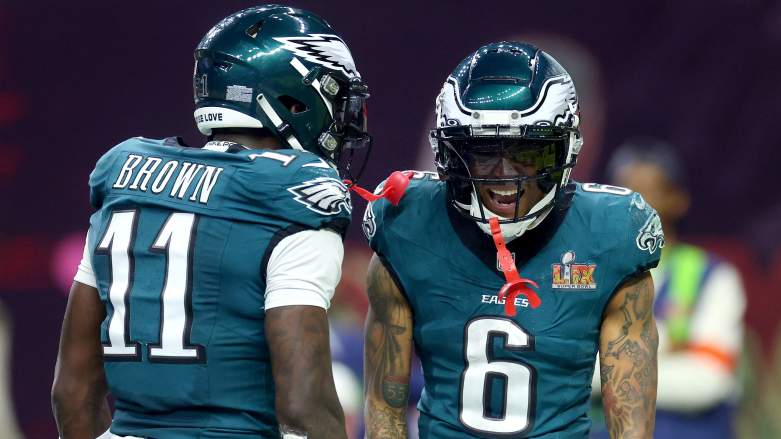 Philadelphia Eagles receivers, AJ Brown and DeVonta Smith celebrating a touchdown in Super Bowl Lix. February 9, 2025.
