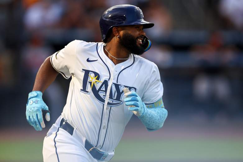 Tampa Bay Rays Junior Caminero running the bases after hitting a single against the Baltimore Orioles