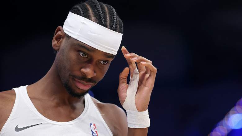 Shai Gilgeous-Alexander #2 of the Oklahoma City Thunder walks across the court.