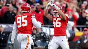 Kansas City Chiefs players George Karlaftis and Chris Jones celebrating after a sack on Las Vegas Raiders quarterback, Aidan O'Connell in the third quarter. November 29, 2025.