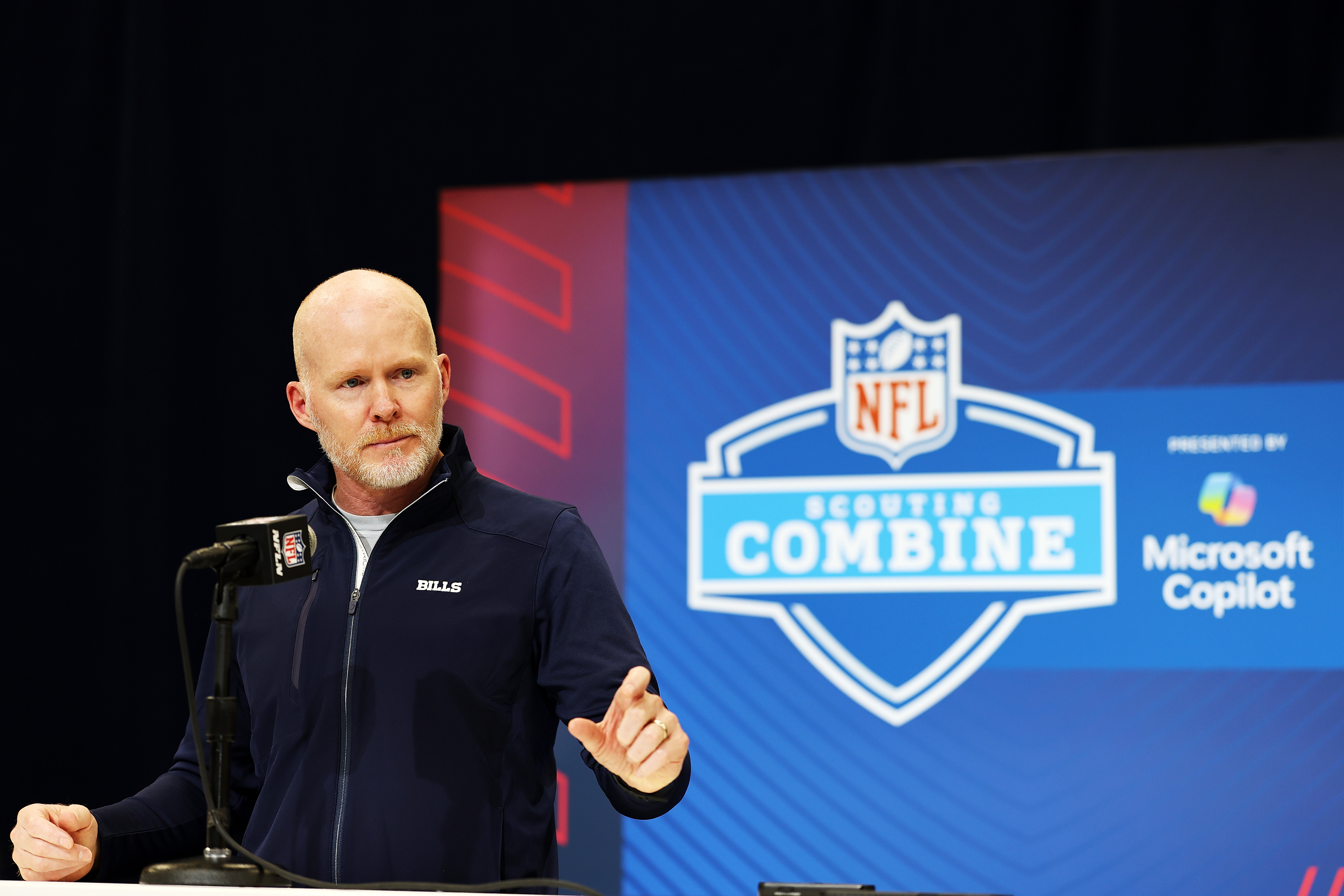 Head coach Sean McDermott of the Buffalo Bills speaks to the media during the NFL Combine at the Indiana Convention Center on February 24, 2025 in Indianapolis, Indiana.