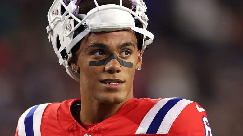 FOXBOROUGH, MASSACHUSETTS - SEPTEMBER 17: Christian Gonzalez #6 of the New England Patriots looks on before the game against the Miami Dolphins at Gillette Stadium on September 17, 2023 in Foxborough, Massachusetts. (Photo by Maddie Meyer/Getty Images)