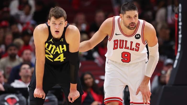 Utah Jazz center Walker Kessler alongside Chicago Bulls center Nikola Vucevic
