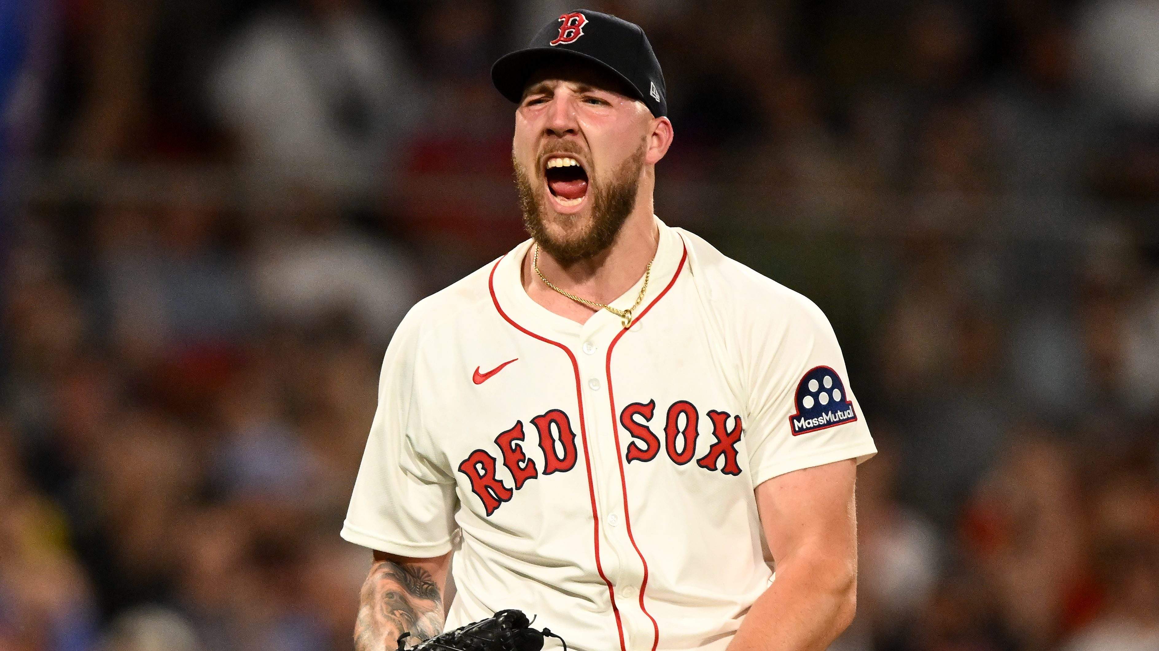 BOSTON, MASSACHUSETTS - AUGUST 05: Garrett Crochet #35 of the Boston Red Sox reacts after striking out Luke Maile (not seen) of the Kansas City Royals during the seventh inning at Fenway Park on August 05, 2025 in Boston, Massachusetts. (Photo by Brian Fluharty/Getty Images)