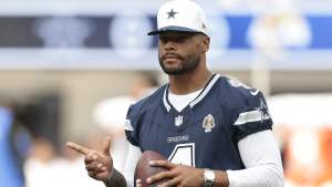 INGLEWOOD, CALIFORNIA - AUGUST 09: Dak Prescott #4 of the Dallas Cowboys before a NFL Preseason 2025 game against the Los Angeles Rams at SoFi Stadium on August 09, 2025 in Inglewood, California. (Photo by Ronald Martinez/Getty Images)