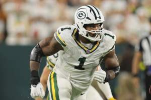 Micah Parsons #1 of the Green Bay Packers in action against the Washington Commanders at Lambeau Field on September 11, 2025 in Green Bay, Wisconsin. (Photo by Michael Reaves/Getty Images)