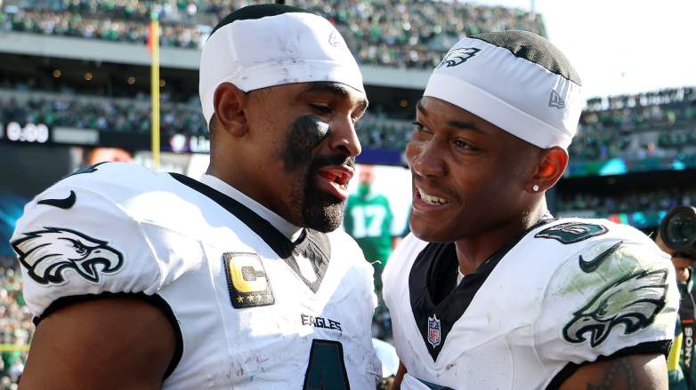 Philadelphia Eagles quarterback, Jalen Hurts, and receiver, DeVonta Smith, celebrating during their win against the Los Angeles Rams on September 21, 2025.