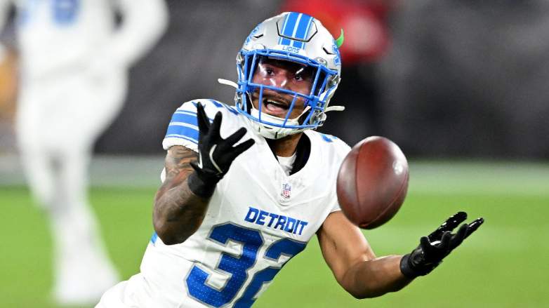 Brian Branch #32 of the Detroit Lions attempts to intercept the ball against the Baltimore Ravens at M&T Bank Stadium.