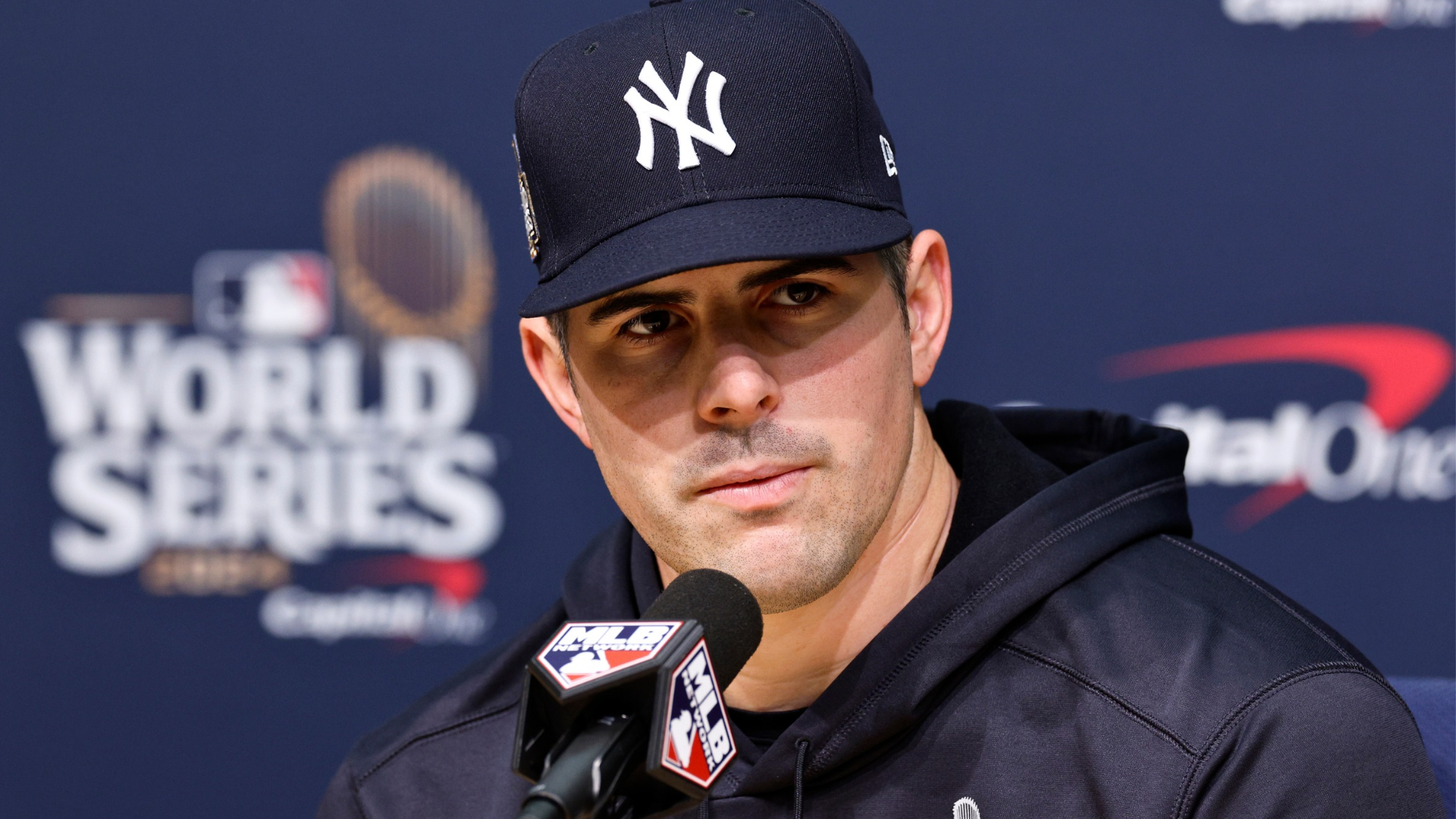 Carlos Rod&oacute;n of the New York Yankees speaks at a press conference. He has being named the team&rsquo;s 2025 Roberto Clemente Award nominee.