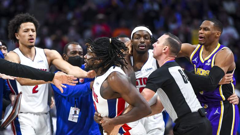 Detroit Pistons center Isaiah Stewart fights the Los Angeles Lakers