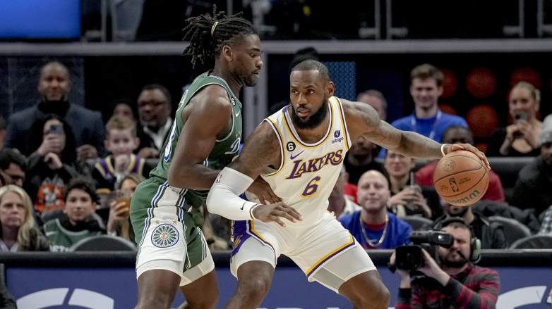 Los Angeles Lakers forward LeBron James dribbles against Detroit Pistons center Isaiah Stewart