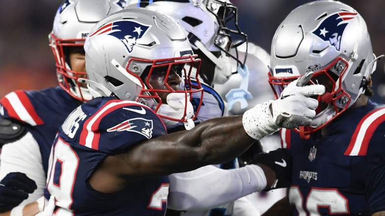 FOXBOROUGH, MASSACHUSETTS - AUGUST 08: Terrell Jennings #29 of the New England Patriots reacts between plays during the second half of a preseason game against the Carolina Panthers at Gillette Stadium on August 08, 2024 in Foxborough, Massachusetts. (Photo by Jaiden Tripi/Getty Images)